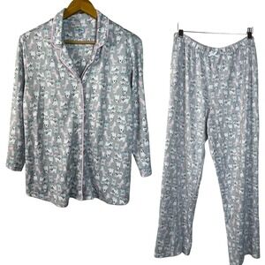 BH PJs BeadHead Womens Pajama Set  Gray White Dog Cat Print‎ Size L Button Up